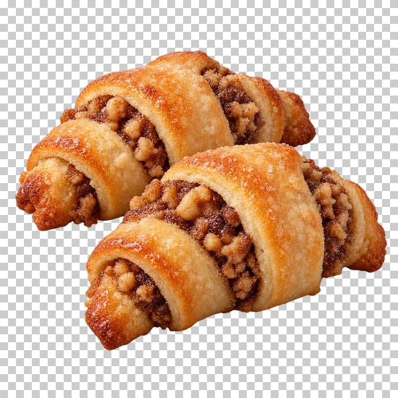 Two golden rolled walnut rugelach with visible spiral seams
