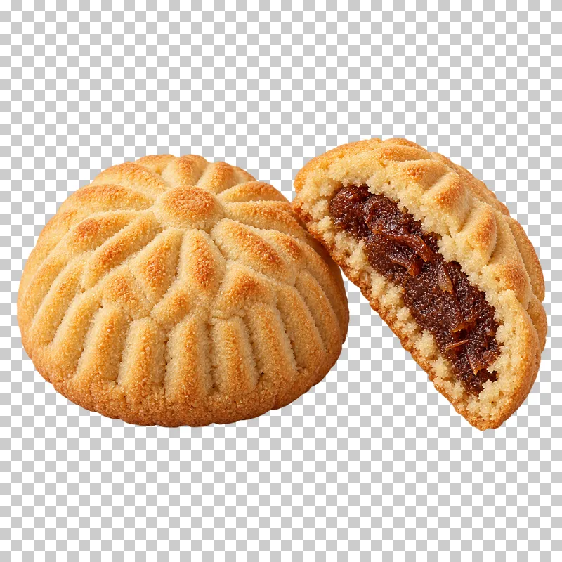 Patterned pale date maamoul beside a cut half showing its dense date center