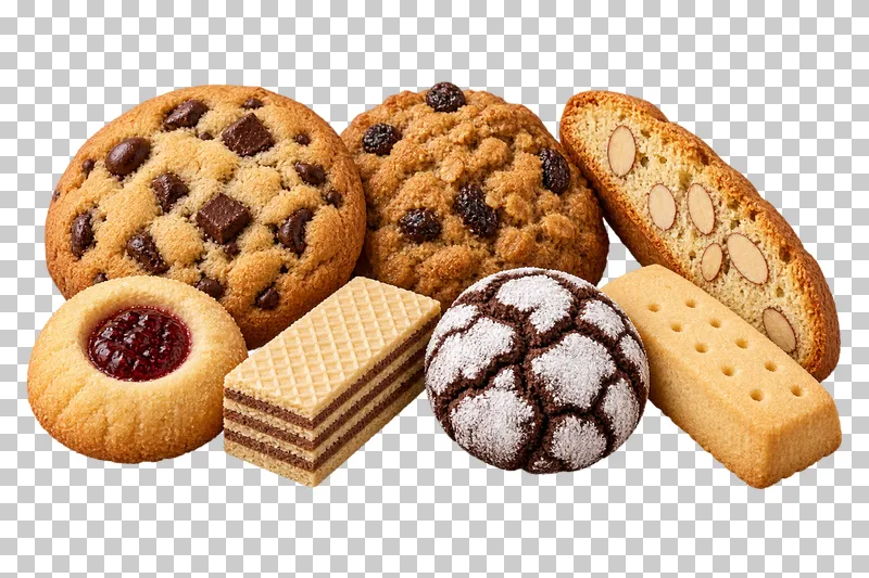 Low horizontal assortment of seven different cookies and biscuits