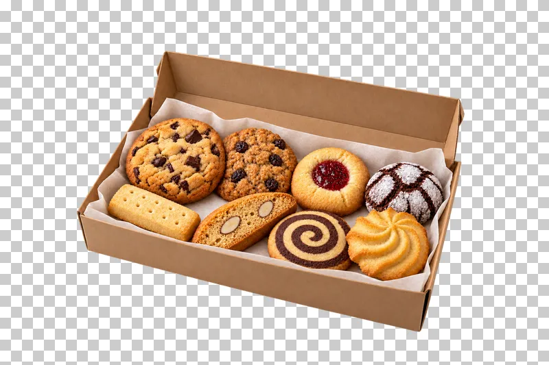 Open kraft bakery box with parchment and an assortment of eight cookies