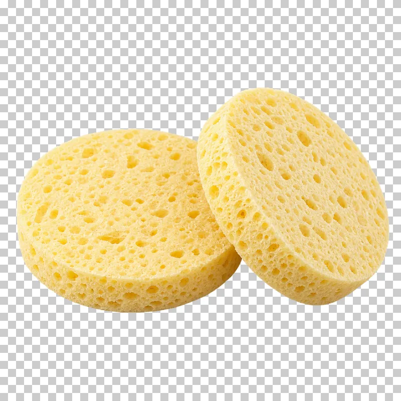 Two round yellow cellulose facial cleansing sponges with porous surfaces.
