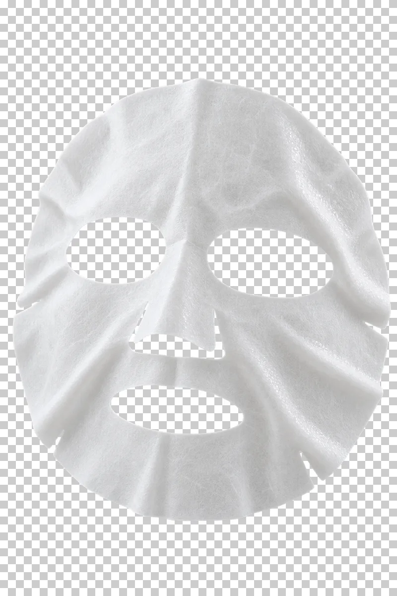 An unfolded white sheet face mask with open eye, nose and mouth cutouts.
