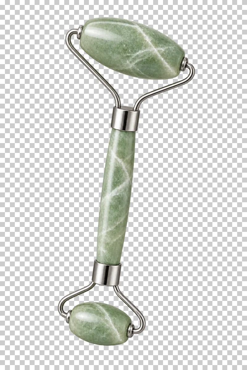 A pale-green double-ended jade facial roller with connected silver brackets.
