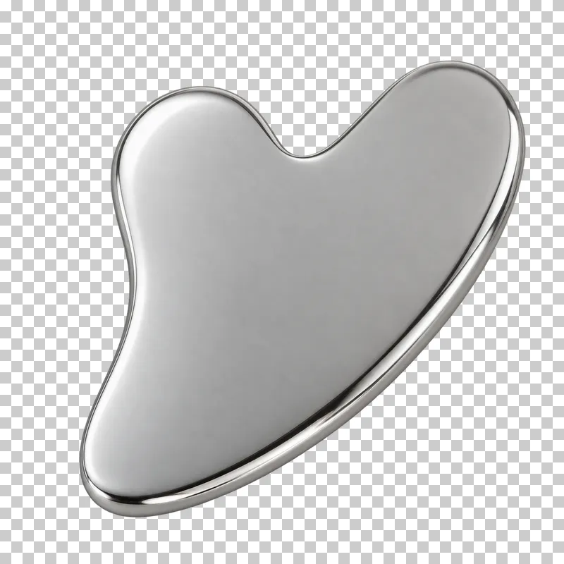 A polished stainless steel gua sha with a curved massage edge.