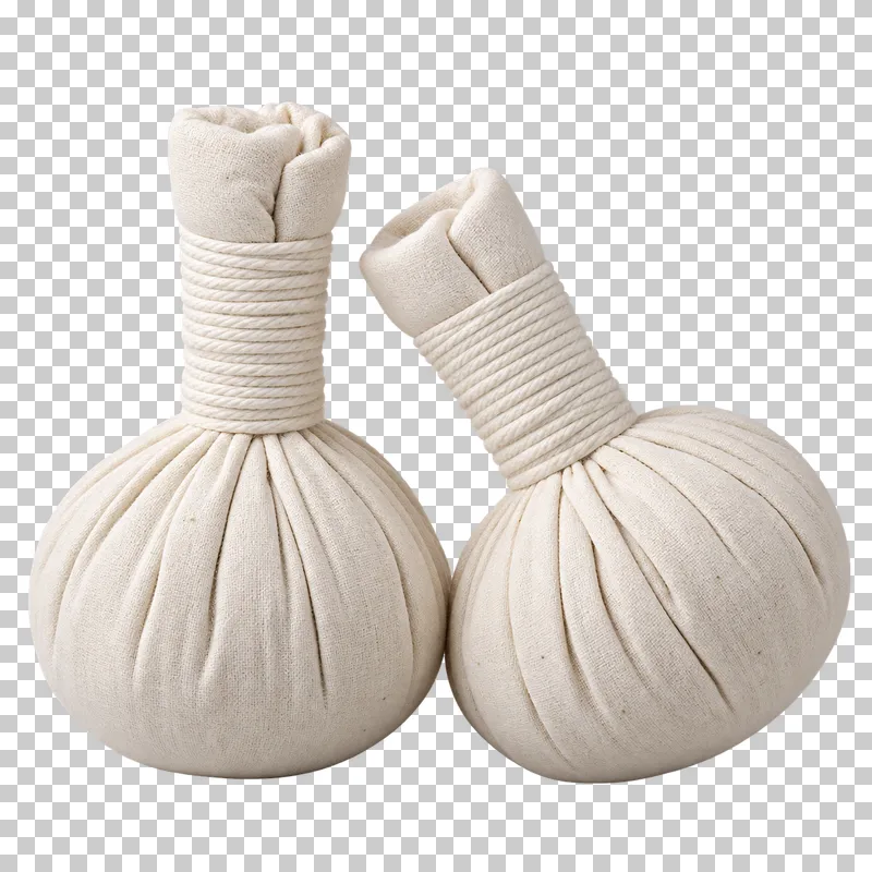 Two natural-cotton herbal compress balls with bound cloth handles.