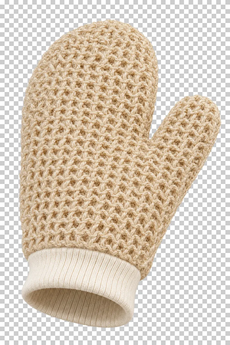 An ivory textured exfoliating body mitt with a thumb and open cuff.