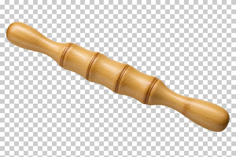 A bamboo body massage roller with two rounded grip ends.