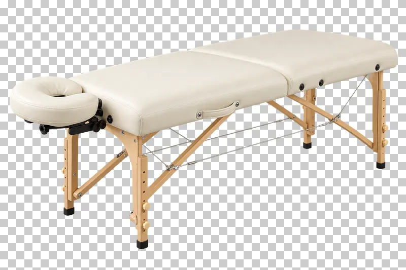 A portable ivory spa treatment table with light-wood supports and a face cradle.