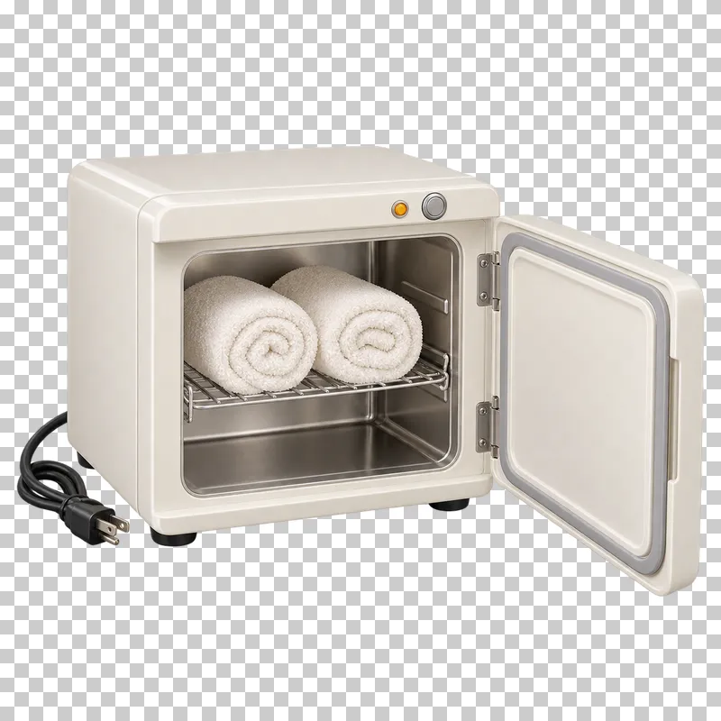 An open ivory hot-towel cabinet with a wire shelf, two towels and a power cord.