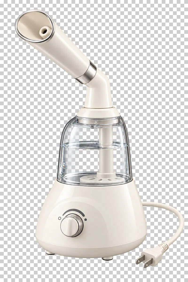 An ivory tabletop facial steamer with a clear water reservoir, angled nozzle and cord.