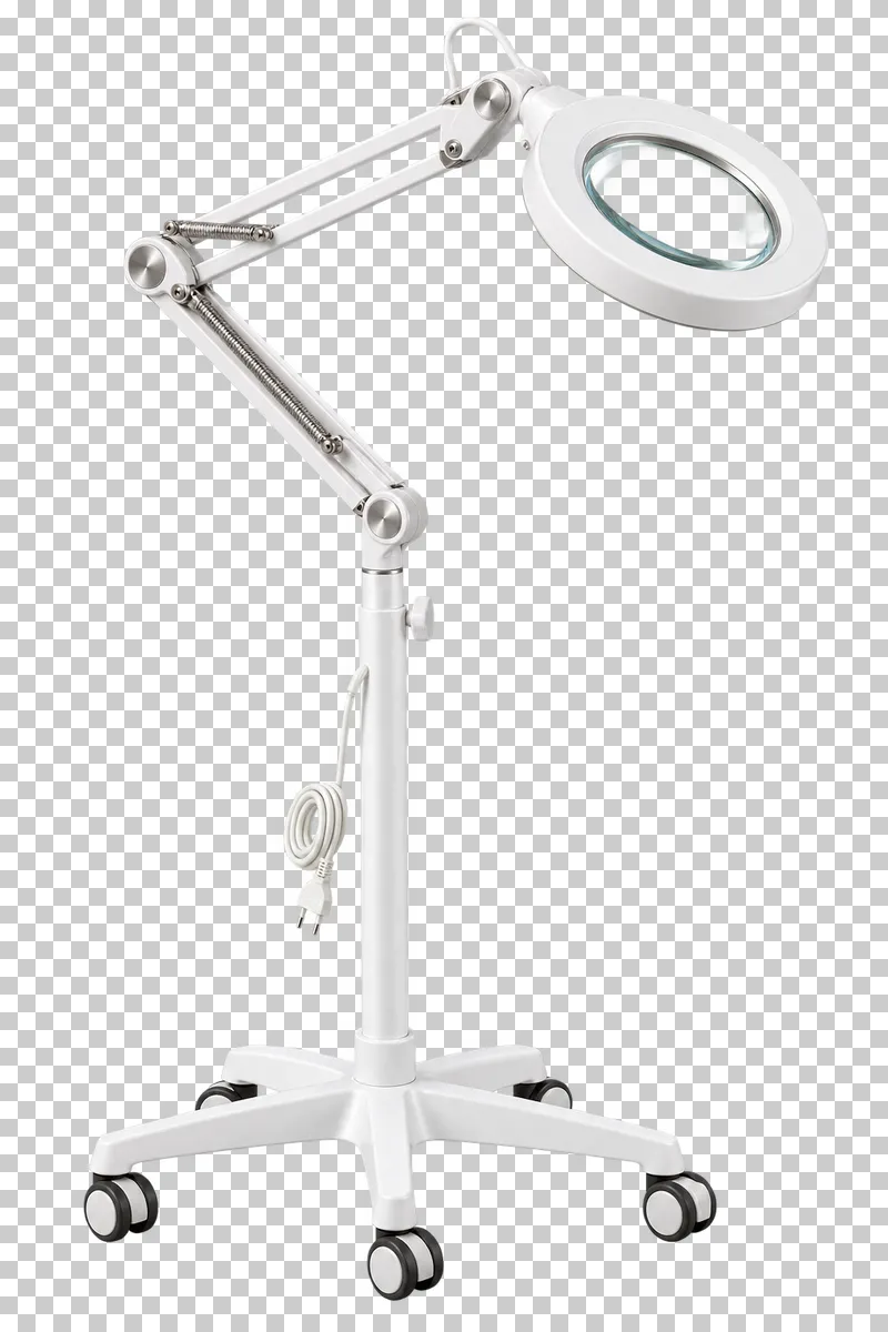 An articulated white magnifying treatment lamp with a clear lens and wheeled base.