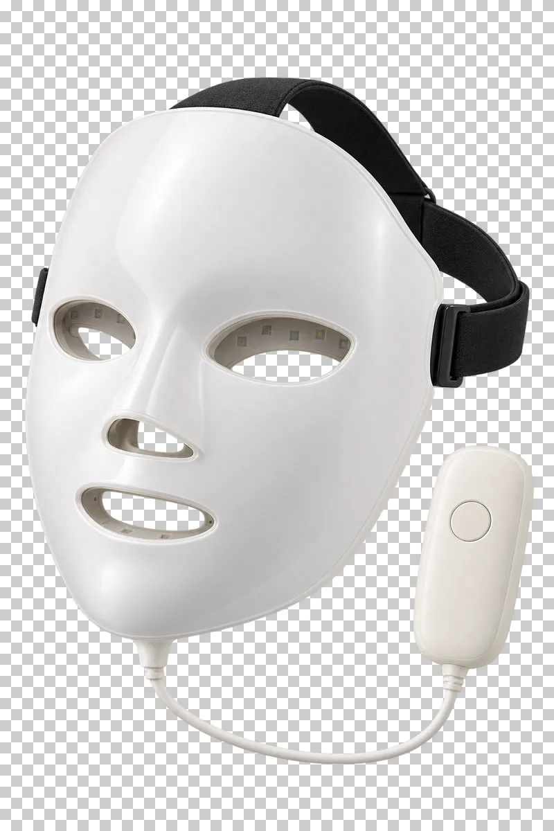 An unlit white LED facial mask with open facial cutouts, black strap and wired controller.