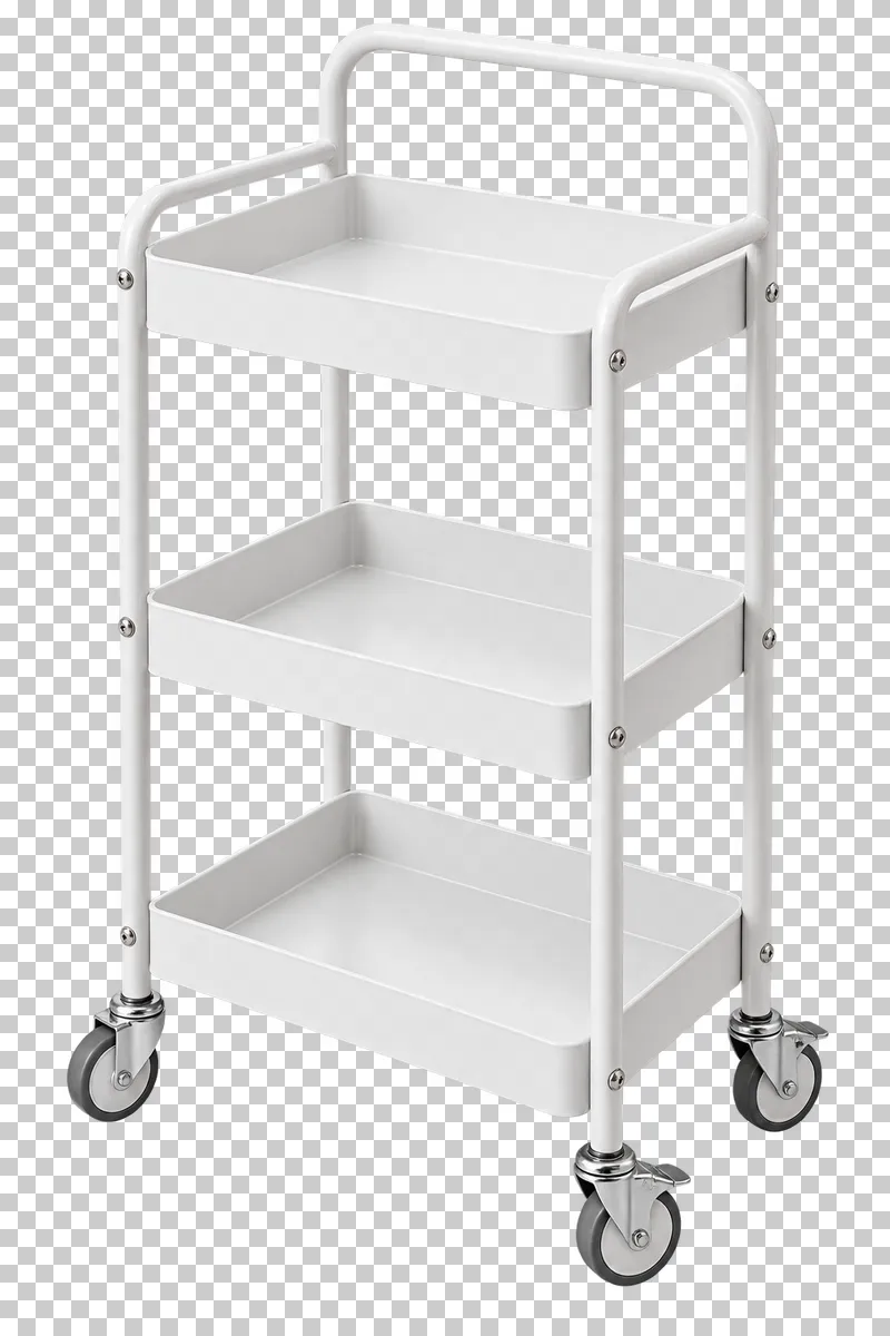 A white three-shelf esthetician trolley with an open handle and caster wheels.