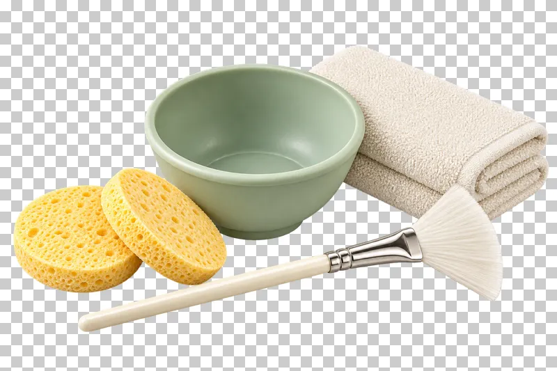 A sage mixing bowl, fan brush, two cleansing sponges and folded ivory treatment towel.