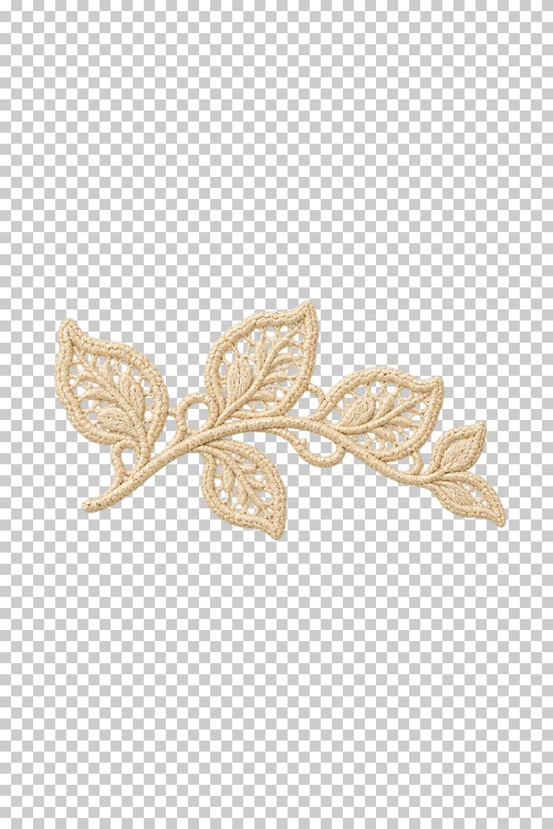 Curved ivory lace leaf spray with openwork leaves and stitched veins.