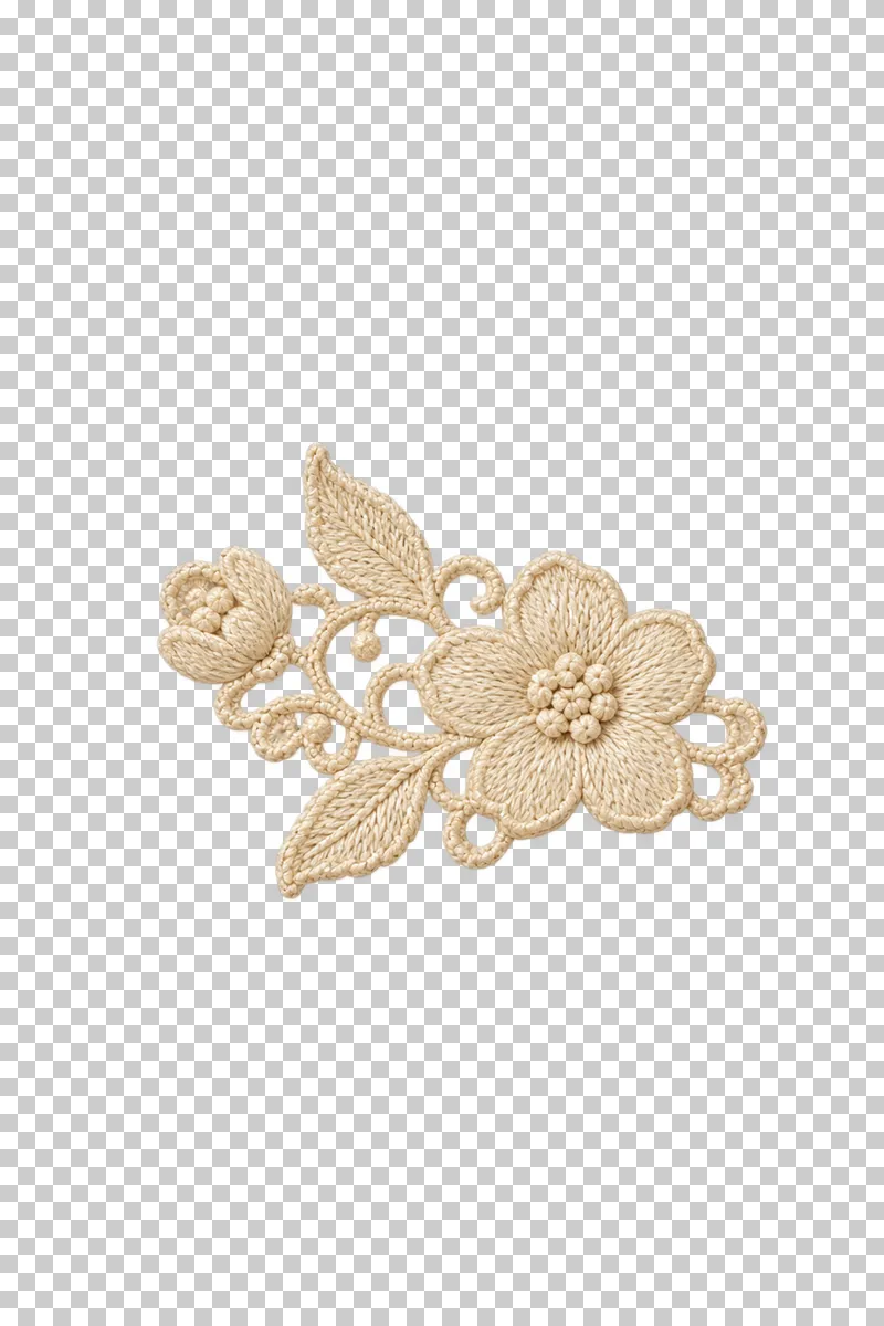 Ivory floral lace applique with one flower, one bud and two leaves.