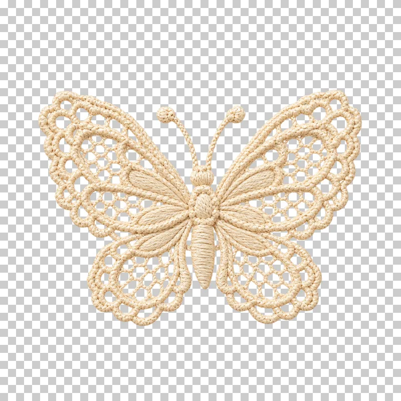 Ivory embroidered lace butterfly with open mesh wings and two antennae.