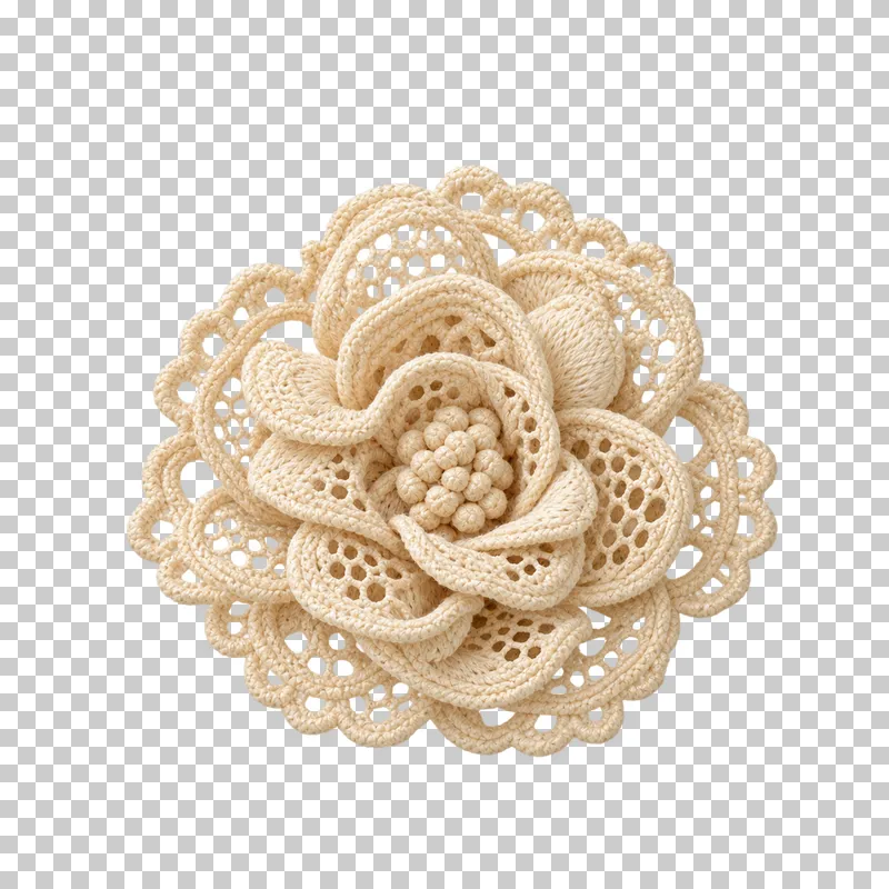 Raised ivory rosette made from overlapping scalloped lace.