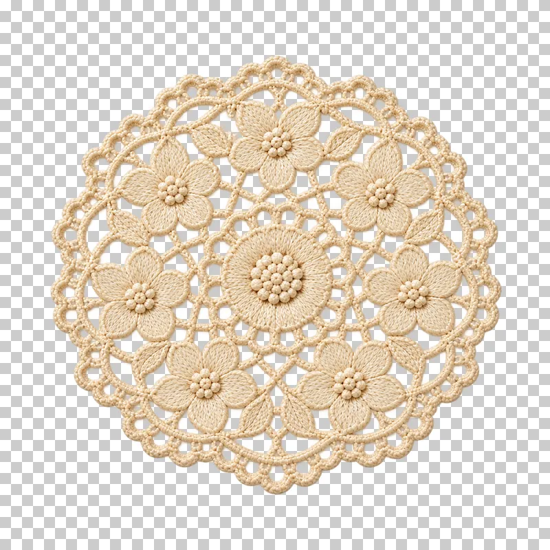 Round ivory flower-and-chain crochet doily with a scalloped edge.