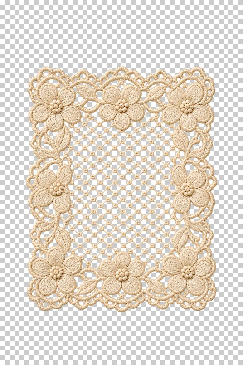 Rectangular ivory net mat with floral embroidery around an open mesh center.