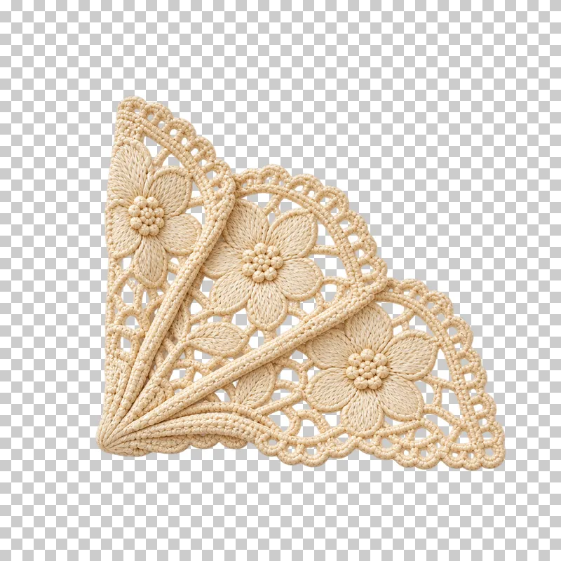 Ivory lace doily folded into a layered fan-shaped corner.