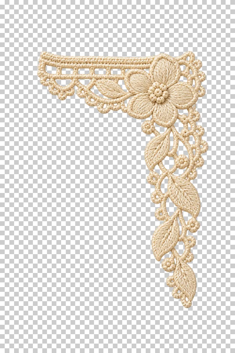 Ivory upper-right floral lace corner with a long leafy drop.