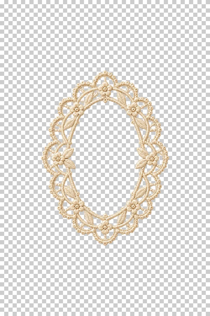 Oval ivory floral lace frame with an open center and outward scallops.