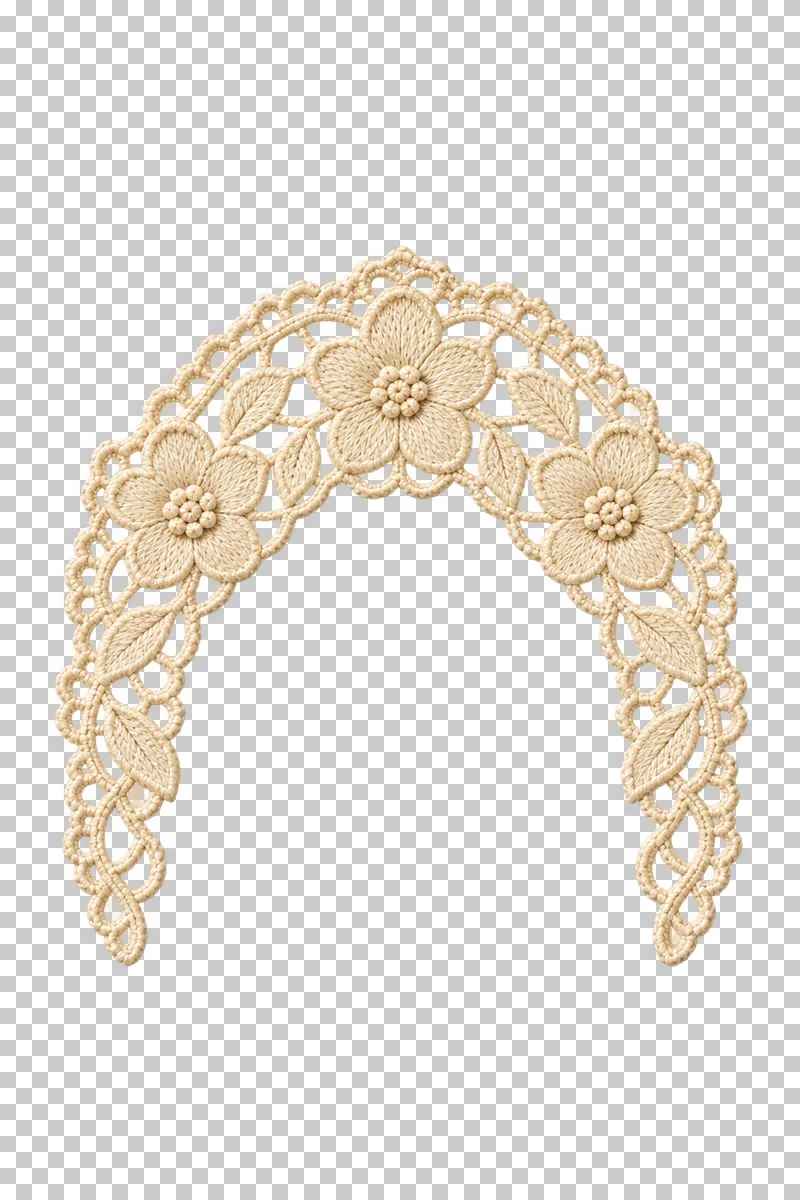 Ivory floral lace arch with an open bottom and unequal tapering sides.