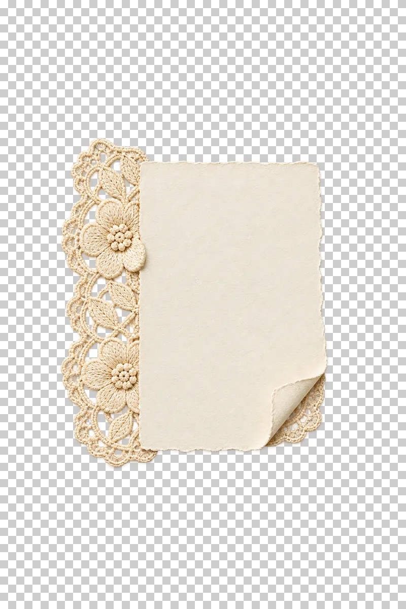 Blank warm-white portrait paper with an ivory lace side and a folded lower corner.
