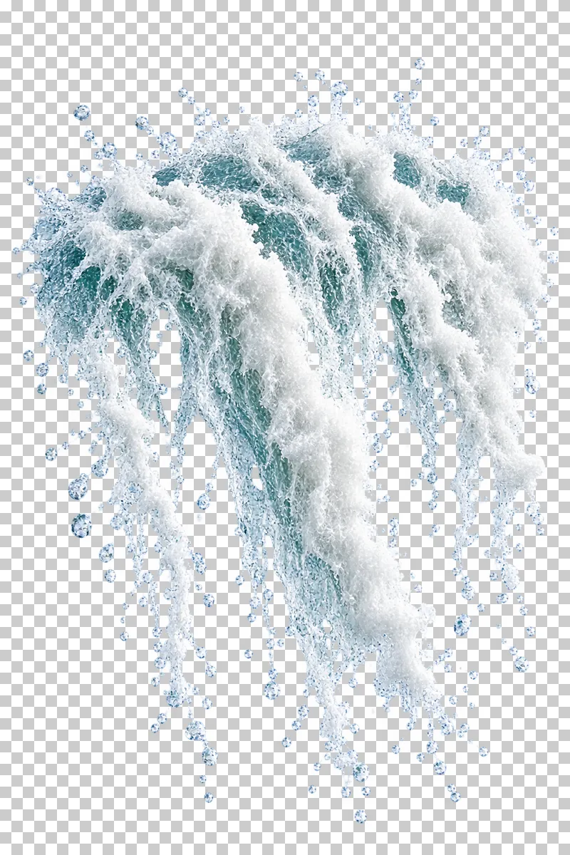 A falling curtain of broken seawater strands, foam and droplets.