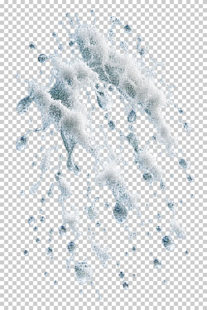 A falling shower of varied sea droplets and torn foam flecks.