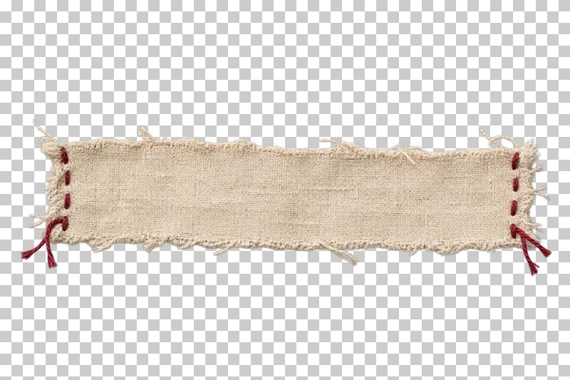 A frayed ecru linen caption strip with burgundy stitches and short thread tails at both ends.