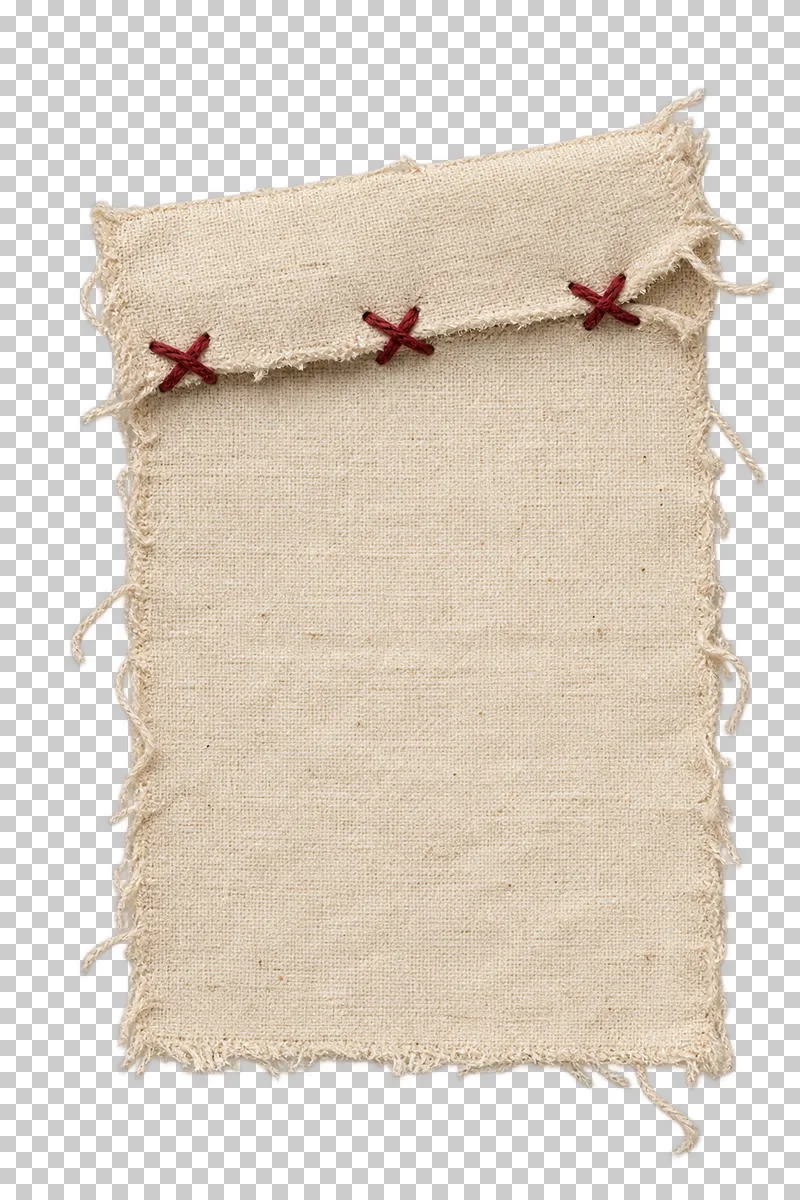 A blank layered muslin note panel with a folded upper flap and three burgundy cross tacks.