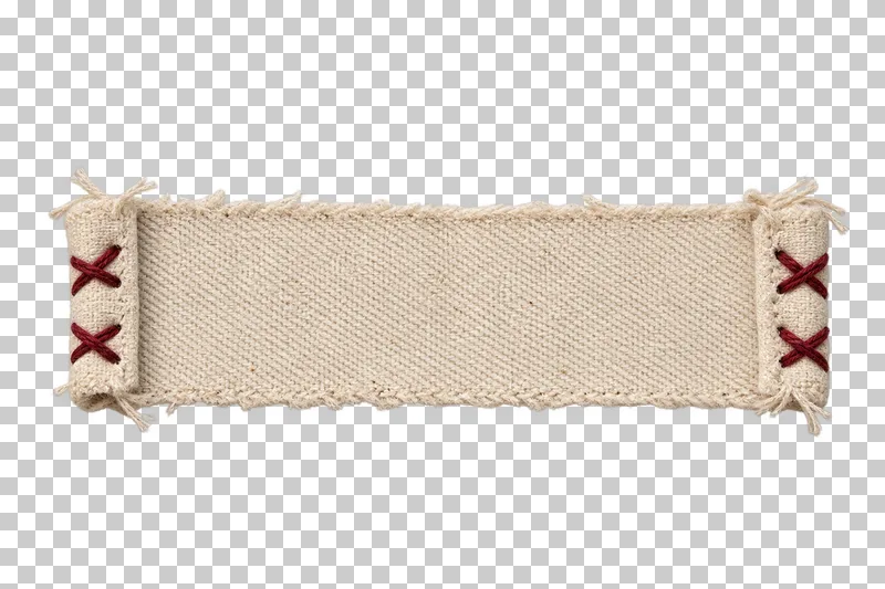 A blank ivory twill label with returned ends secured by burgundy cross stitches.