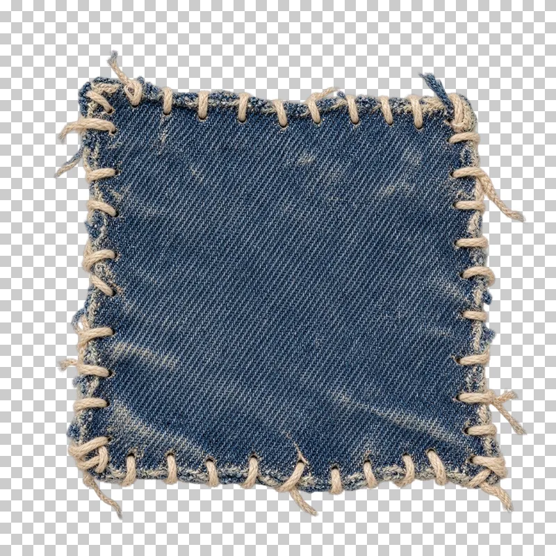 An irregular indigo denim patch edged with thick cream blanket stitches.