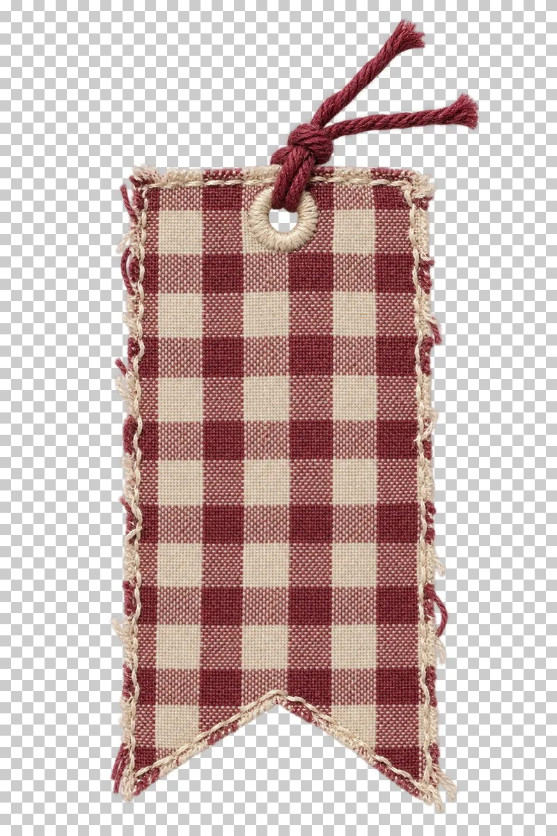 A burgundy and cream gingham pennant tag with a stitched open eyelet and knotted thread tie.