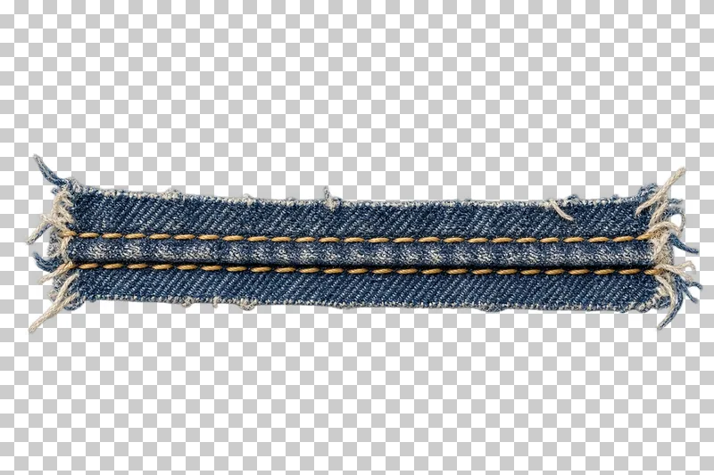 A narrow folded denim seam strip with two ochre topstitch rows and frayed ends.