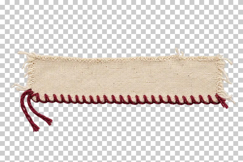 A raw calico strip edged with interlocking burgundy thread loops and loose chain tails.
