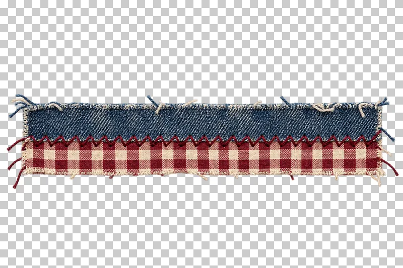 Indigo denim and burgundy gingham bands joined lengthwise with a burgundy zigzag seam.