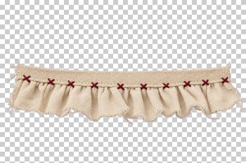 A gathered ivory cotton ruffle attached beneath a flat binding with burgundy cross tacks.