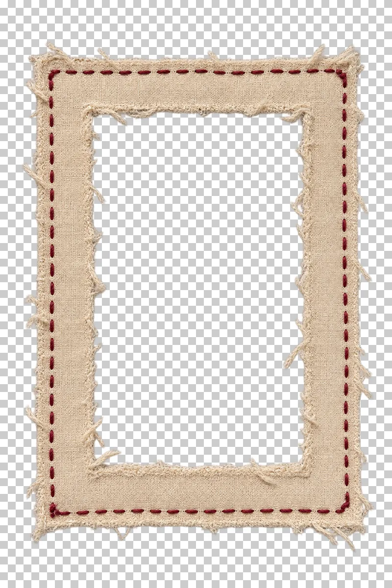 A frayed ecru linen portrait mat with burgundy stitching around an empty photo opening.