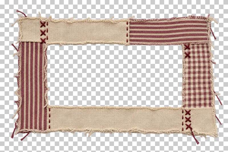 A wide empty photo frame made from uneven stitched linen, ticking and gingham sections.