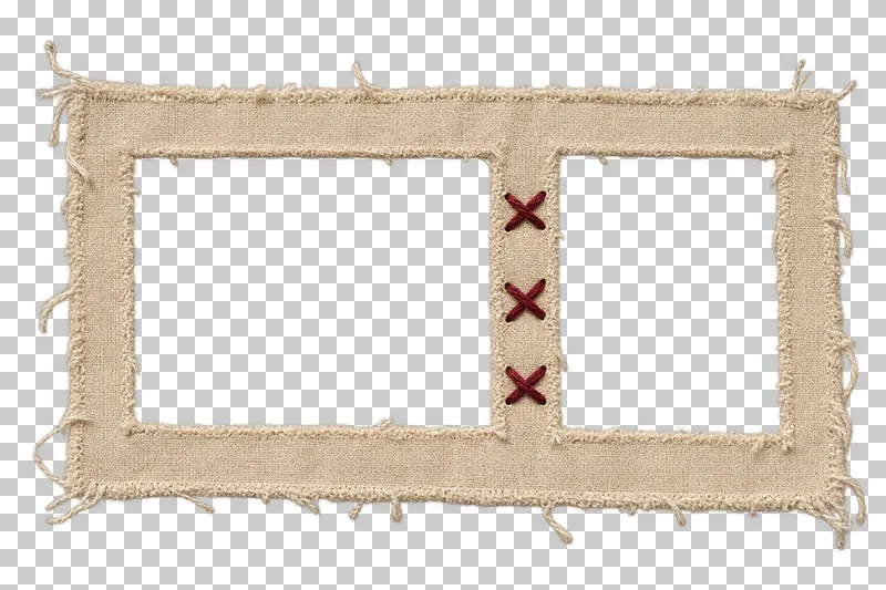 A frayed linen diptych surround with two unequal empty windows and a stitched central bridge.