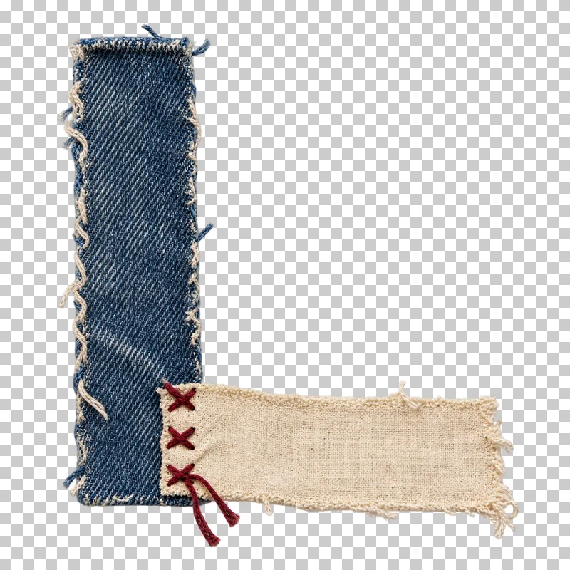 An open L-corner of indigo denim and ecru muslin attached with three burgundy cross tacks.