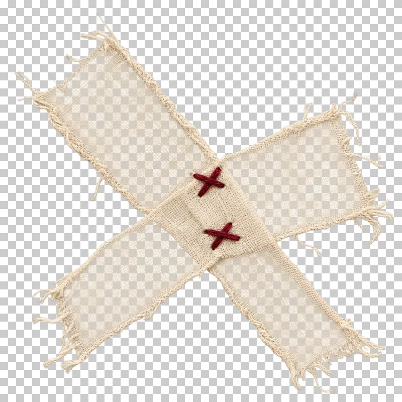 Two sheer ecru muslin strips crossed diagonally and secured by burgundy tacks at their denser overlap.