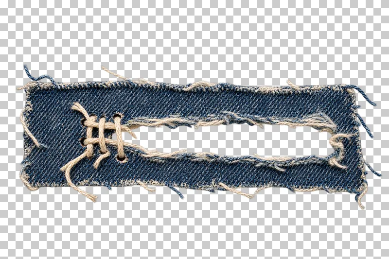 An indigo denim strip with an empty frayed tear and cream repair stitches bridging one end.