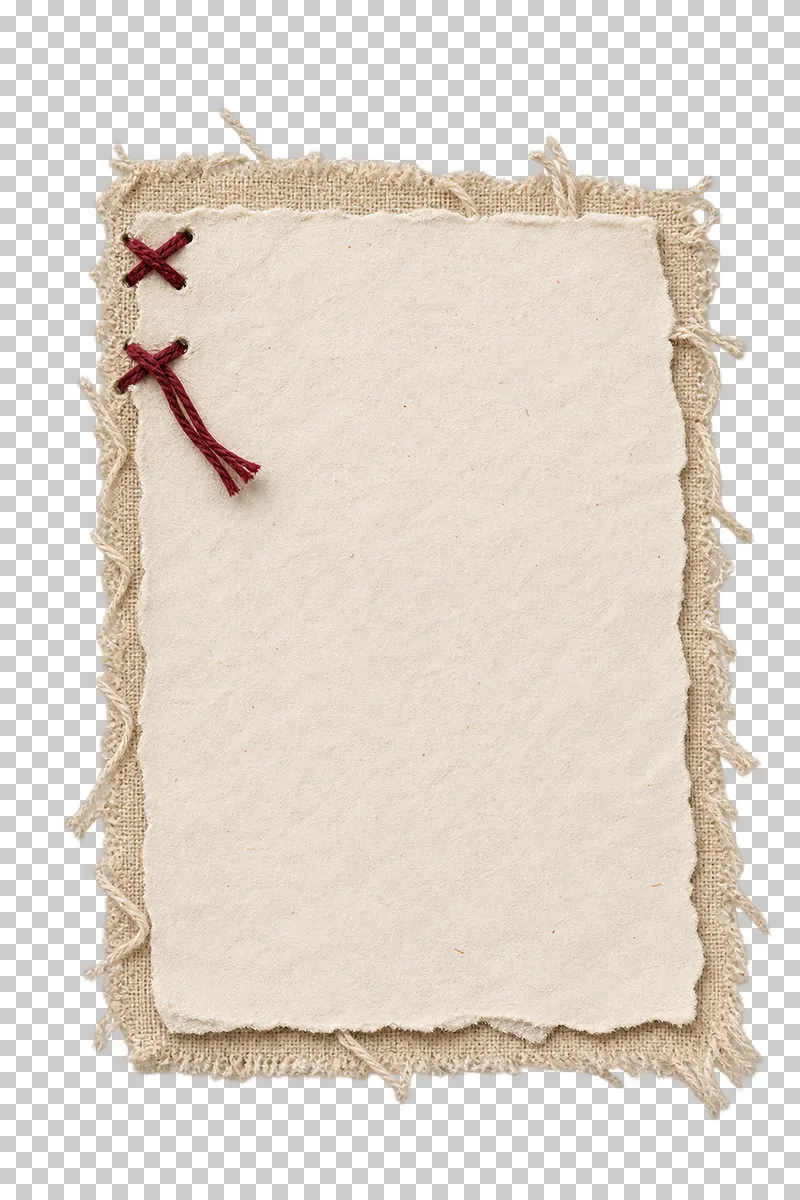 A blank off-white paper note attached to a frayed linen backing with two burgundy thread tacks.