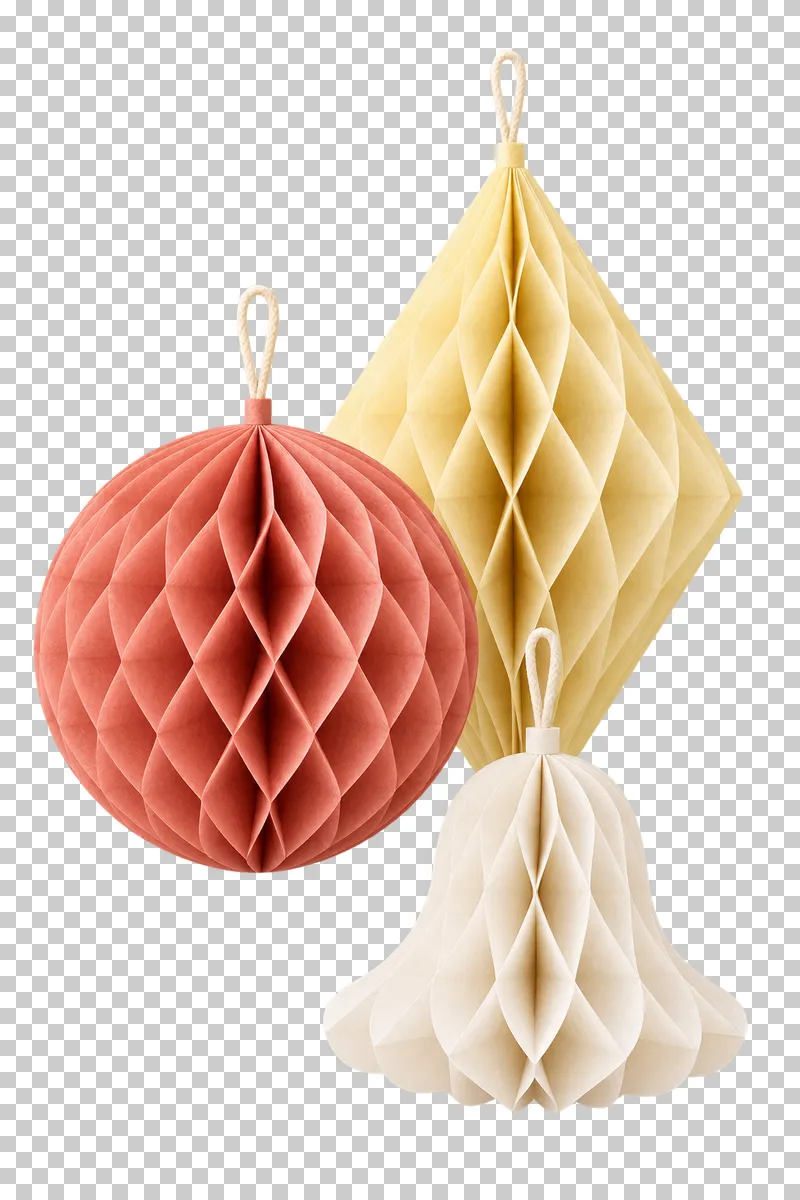 Staggered three-honeycomb hanging cluster in coordinated pastel paper, shown as a realistic cutout with a transparent background.