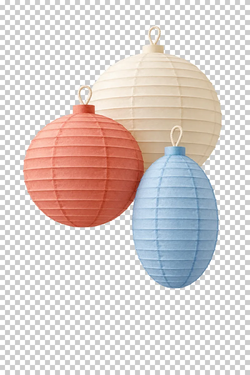 Stepped three-lantern hanging group in coordinated pastel paper, shown as a realistic cutout with a transparent background.