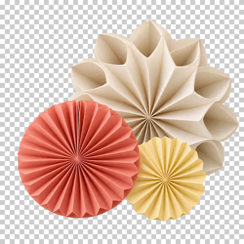 Overlapping three-fan decoration cluster in coordinated pastel paper, shown as a realistic cutout with a transparent background.